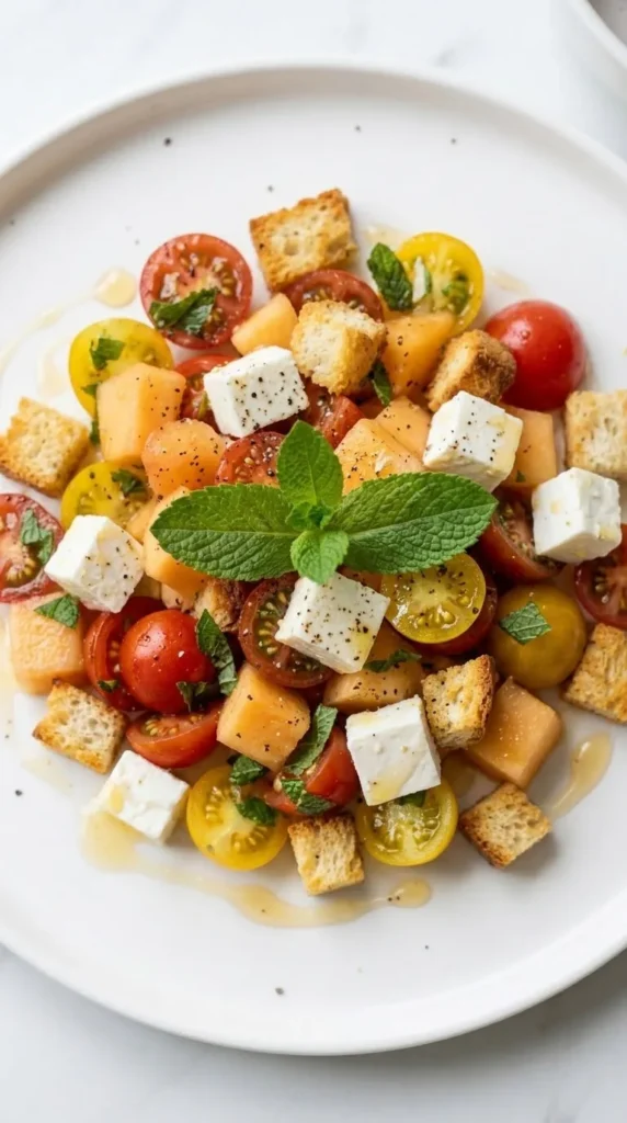 Nahaufnahme von Tomatensalat mit Honigmelone — saftige Tomatenstücke und cremiger Schafskäse im Detail