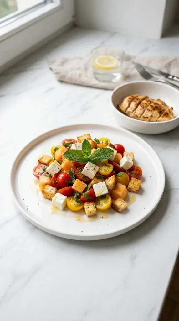 Tomatensalat mit Honigmelone und Schafskäse serviert mit Hähnchenbrust — perfektes leichtes Sommergericht