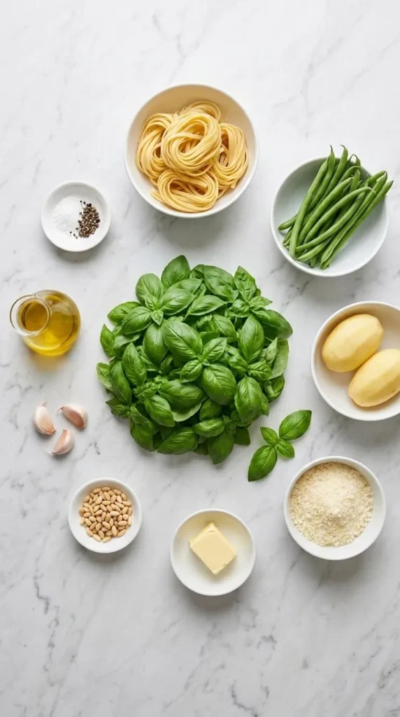 Zutaten für Pesto Genovese mit Trenette: frisches Basilikum, Trenette-Pasta, grüne Bohnen und Parmesan