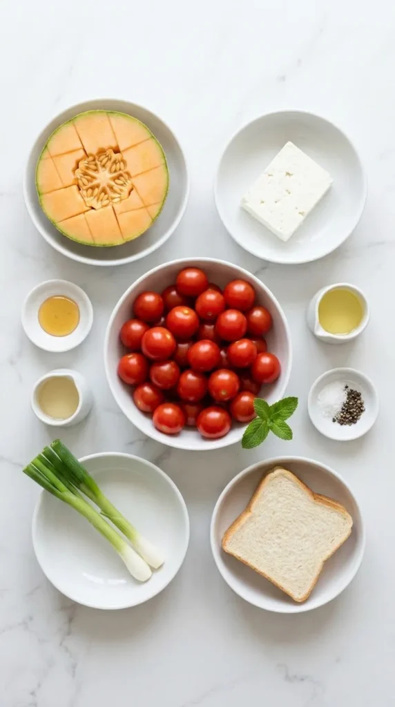 Zutaten für Tomatensalat mit Honigmelone: frische Tomaten, halbe Honigmelone, Schafskäse und Frühlingszwiebeln
