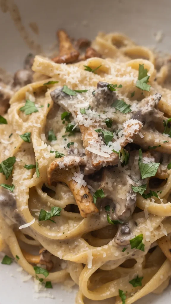 Nahaufnahme von Pasta mit Pfifferlingsosse — cremige Pilzsauce und goldene Pfifferlinge