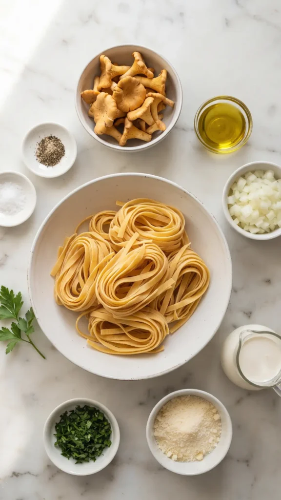 Zutaten für Pasta mit Pfifferlingsosse: frische Pasta, Pfifferlinge, Sahne, Parmesan und Kräuter