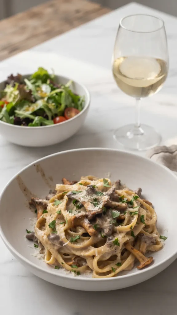 Pasta mit Pfifferlingsosse serviert mit einem Glas Weißwein