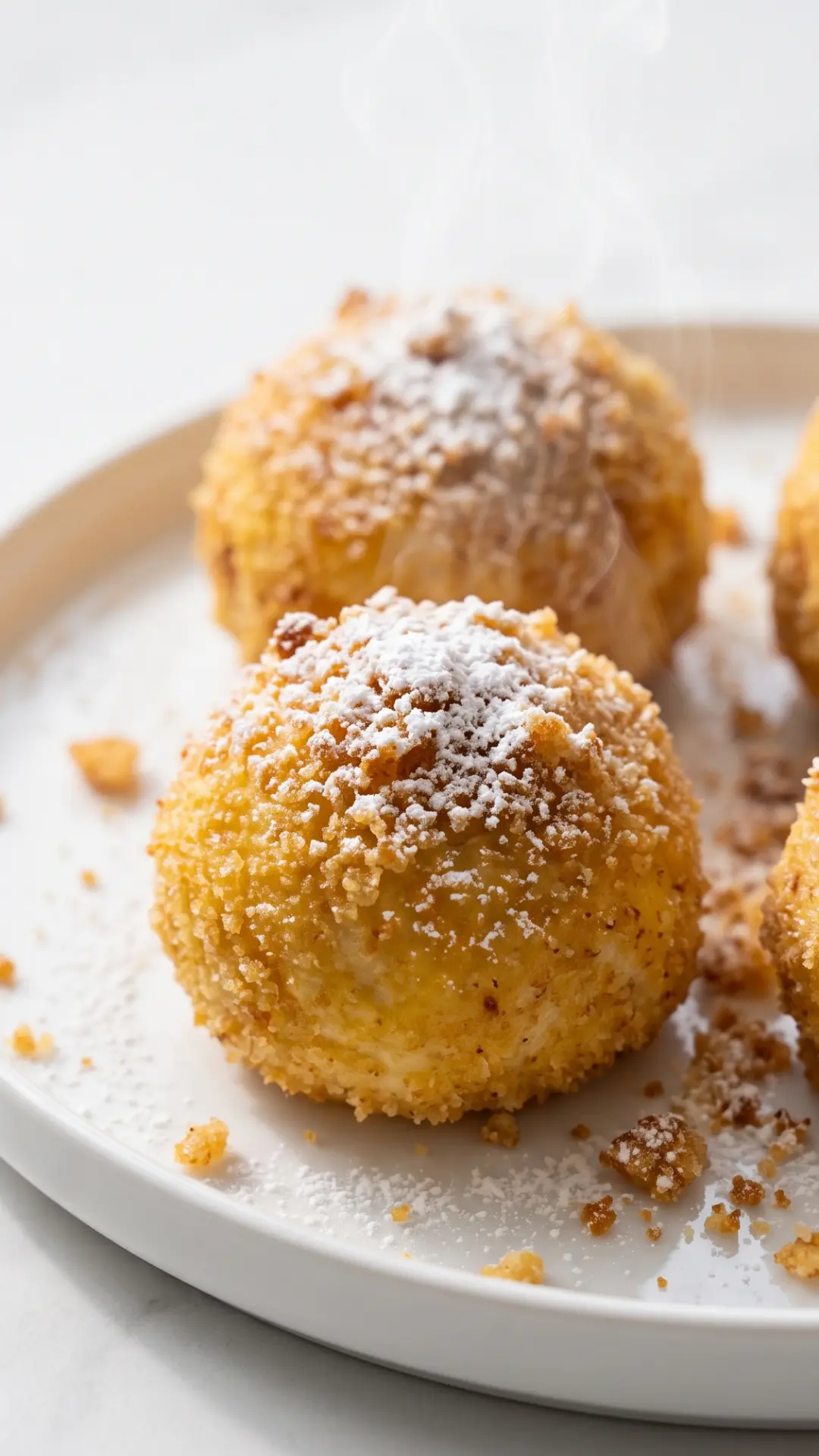 Feine Marillenknödel mit Aprikosenfüllung frisch zubereitet — goldbraune Bröselkruste mit Puderzucker