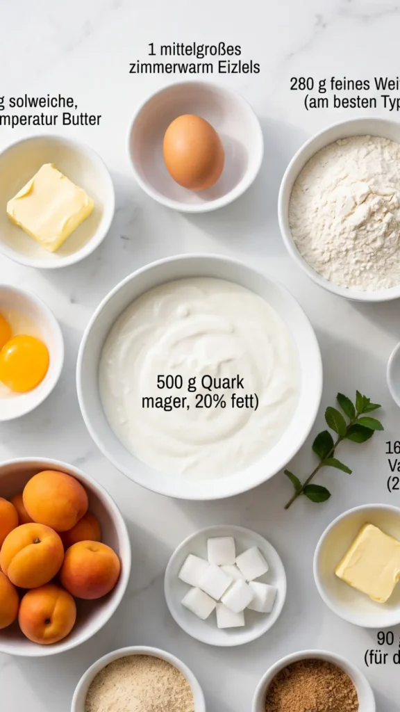 Zutaten für Feine Marillenknödel mit Aprikosenfüllung: Quark, Mehl, Butter, Aprikosen und Semmelbrösel