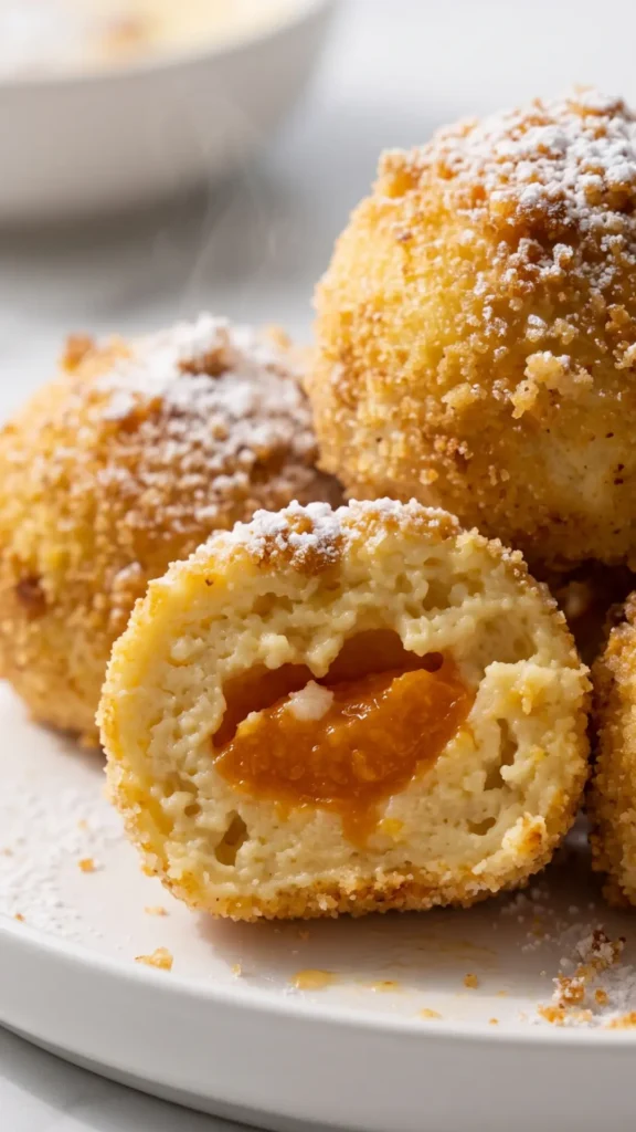 Nahaufnahme von Feine Marillenknödel mit Aprikosenfüllung — knusprige Brösel und Puderzucker