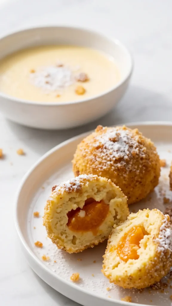 Feine Marillenknödel mit Aprikosenfüllung serviert mit Vanillesoße oder einer Kugel Vanilleeis