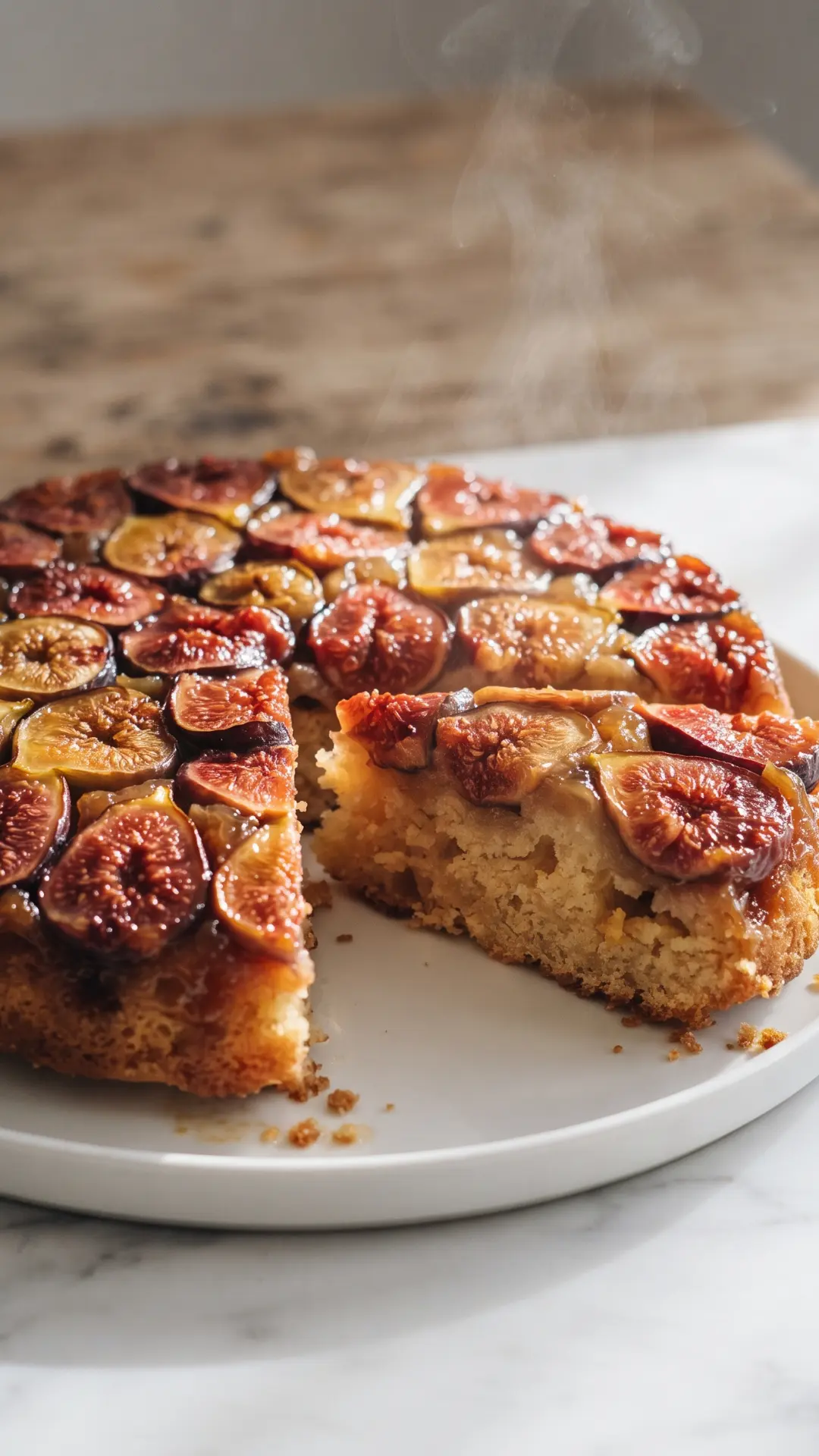 Französischer Feigenkuchen: Gestürzter Kuchen frisch zubereitet — karamellisierte Feigen auf goldbraunem Kuchen