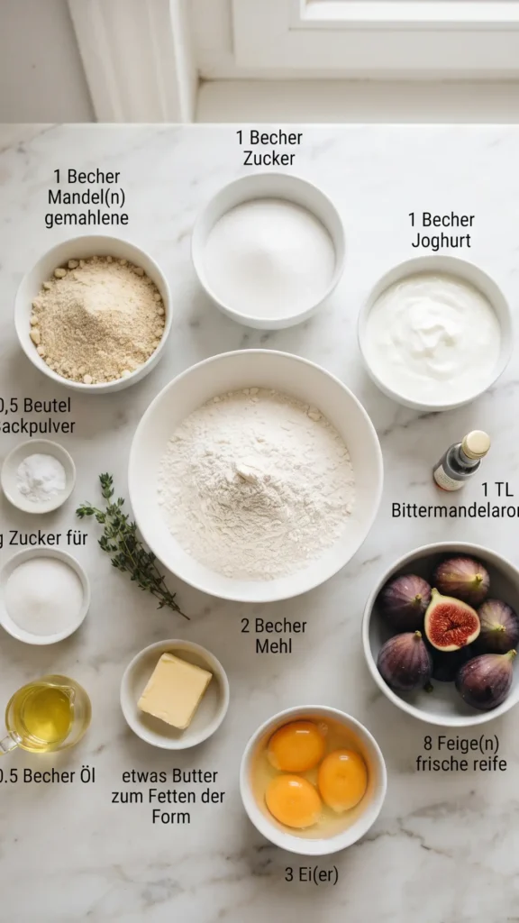 Zutaten für Französischer Feigenkuchen: Gestürzter Kuchen: Mehl, gemahlene Mandeln, Joghurt, Eier und frische Feigen