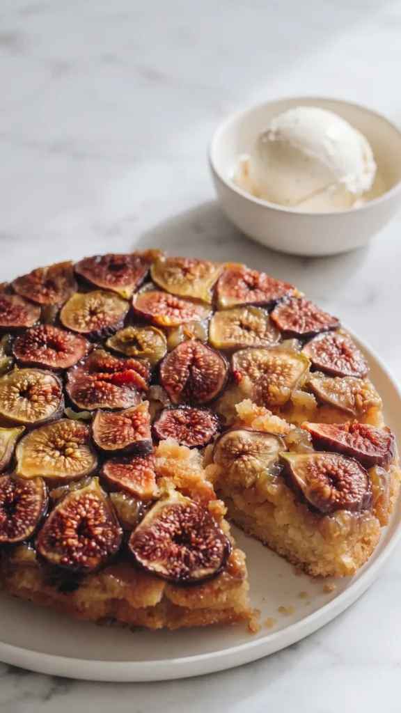 Französischer Feigenkuchen serviert mit einer Kugel Vanilleeis oder Sahne