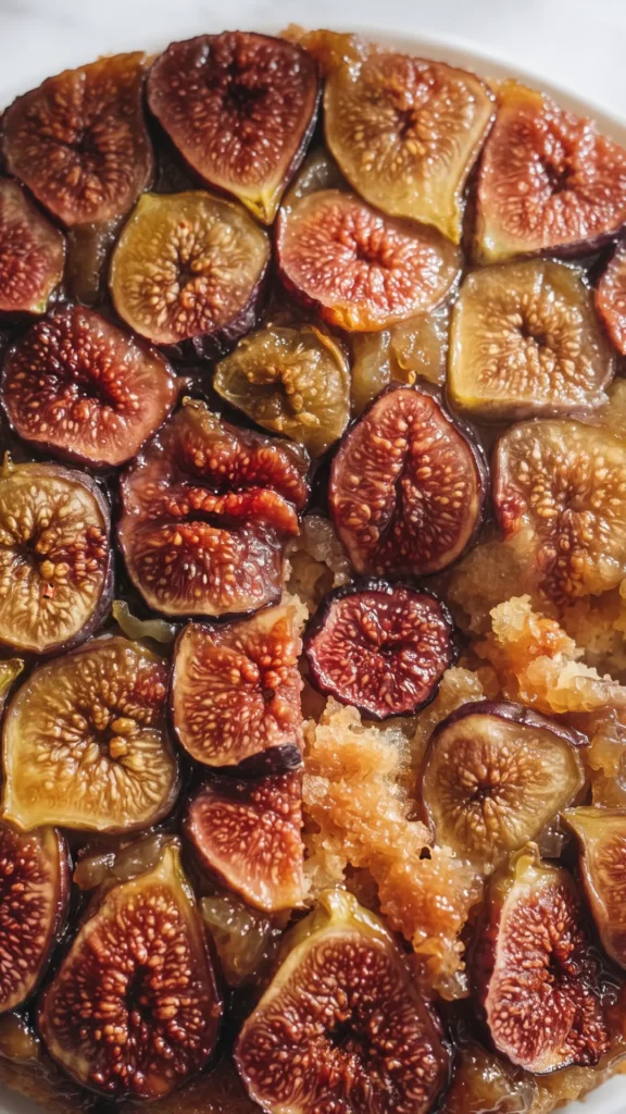 Nahaufnahme von Französischer Feigenkuchen — glänzende karamellisierte Feigen und Kuchenkruste