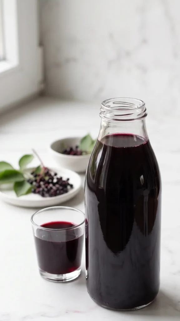 Holundersaft ohne Zuckerzusatz serviert in Glasflasche mit Kräutertee