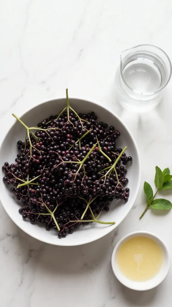 Zutaten für Holundersaft ohne Zuckerzusatz selber machen: Holunderbeeren-Dolden, Wasser und Zitronensaft