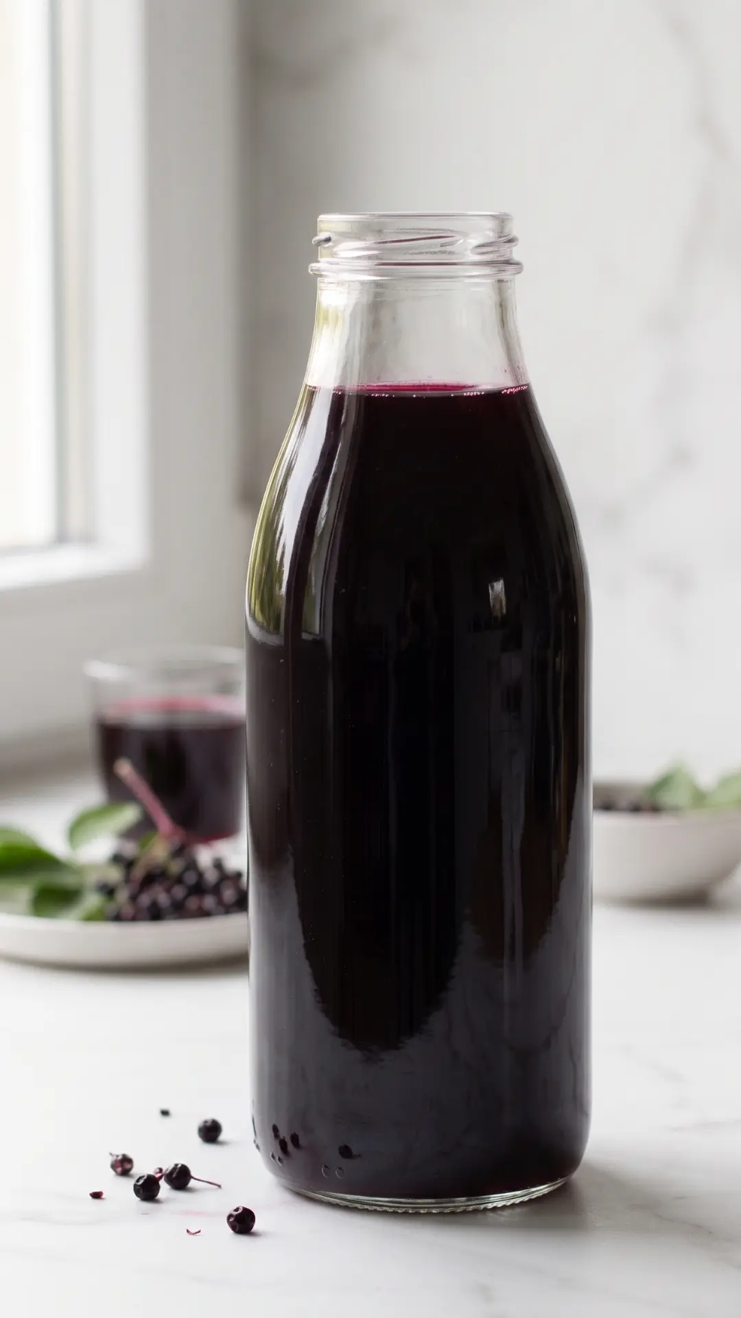 Holundersaft ohne Zuckerzusatz selber machen frisch zubereitet — tiefvioletter Saft in Glasflasche