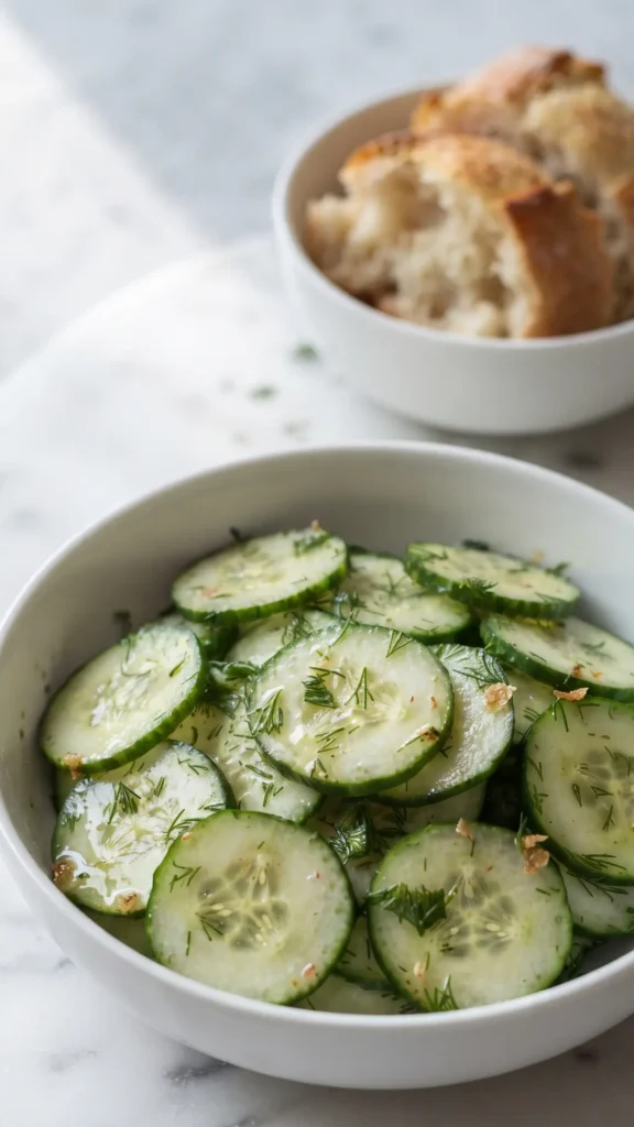 Erfrischender Gurkensalat mit Kräuterdressing serviert mit frischem Brot