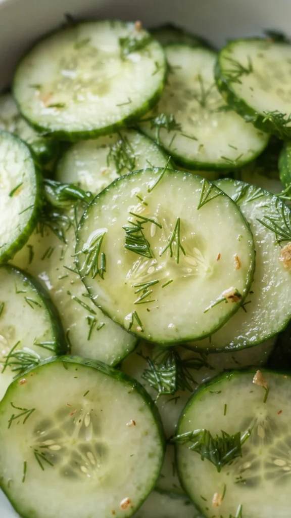 Nahaufnahme von Erfrischender Gurkensalat mit Kräuterdressing — glänzende Gurkenscheiben mit Dill