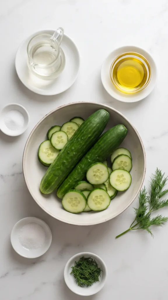 Zutaten für Erfrischender Gurkensalat mit Kräuterdressing: Gurken, Essig, Olivenöl, Gewürze und Dill