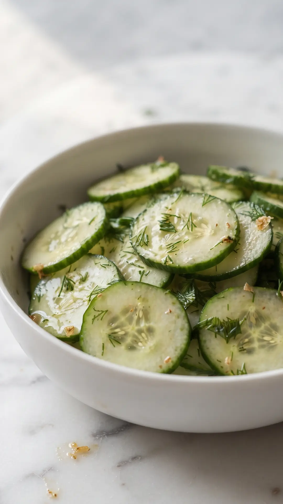 Erfrischender Gurkensalat mit Kräuterdressing frisch zubereitet — feine Gurkenscheiben in Kräuterdressing