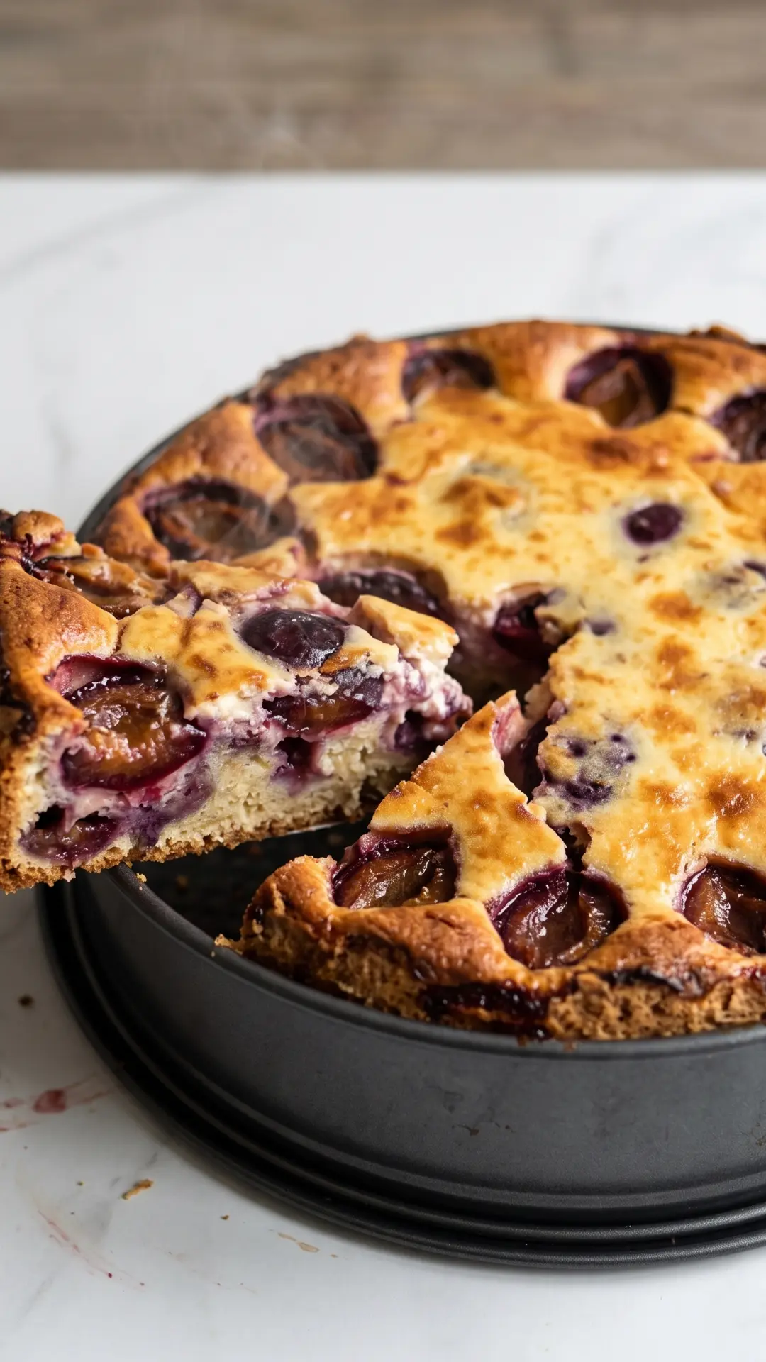 Pflaumenkuchen mit Schmandguss frisch gebacken — goldbrauner Guss und saftige Pflaumen