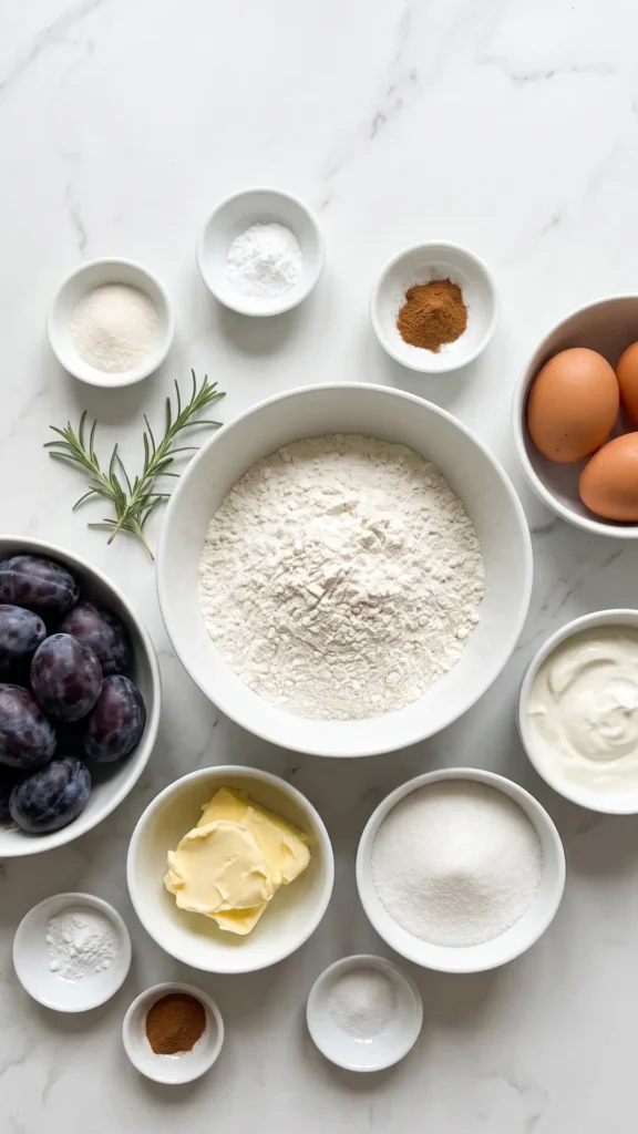 Zutaten für Pflaumenkuchen mit Schmandguss: Mehl, Butter, Zucker, Eier, Pflaumen und Schmand
