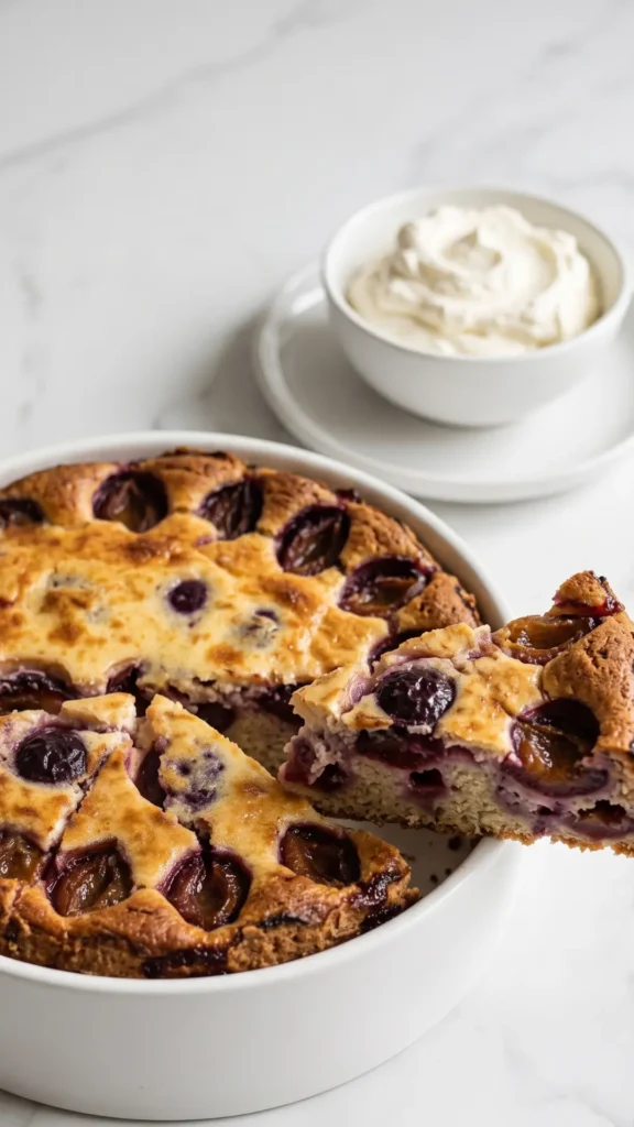 Pflaumenkuchen mit Schmandguss serviert mit Schlagsahne oder Vanilleeis