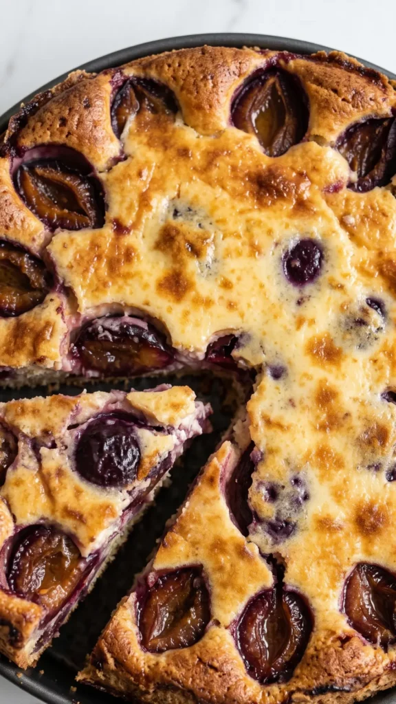 Nahaufnahme von Pflaumenkuchen mit Schmandguss — cremiger Guss und saftige Pflaumen