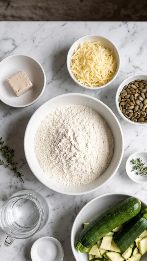 Zutaten für Zucchini-Käsebrot von Dominique: Mehl, Hefe, Zucchini, Käse und Kürbiskerne