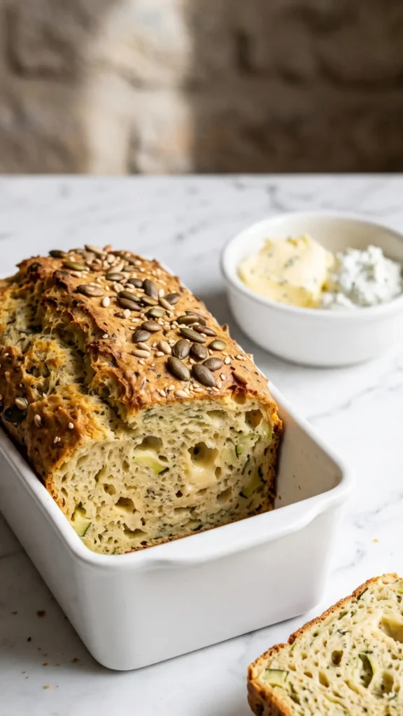 Zucchini-Käsebrot von Dominique serviert mit frischer Butter und Kräuterquark