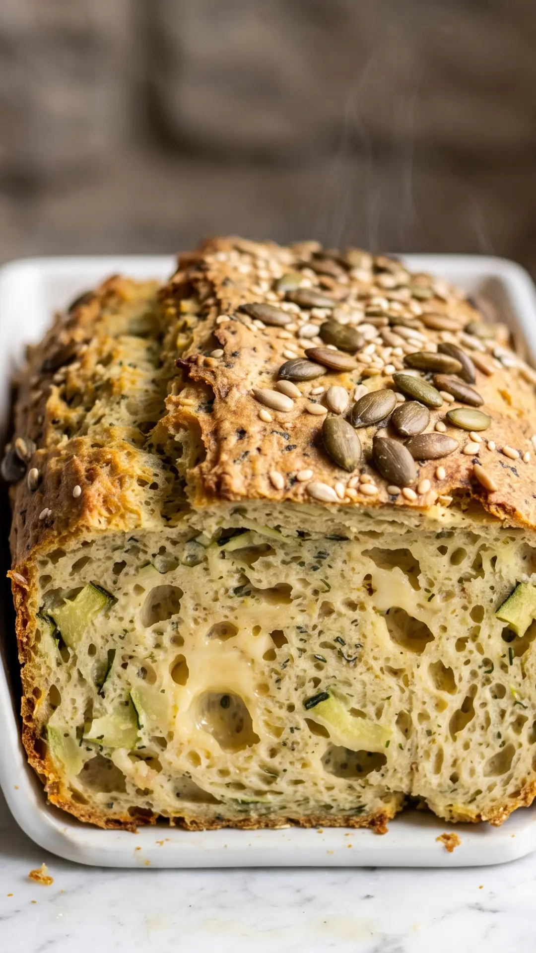 Zucchini-Käsebrot von Dominique frisch zubereitet — goldbraune Kruste mit Kürbiskernen