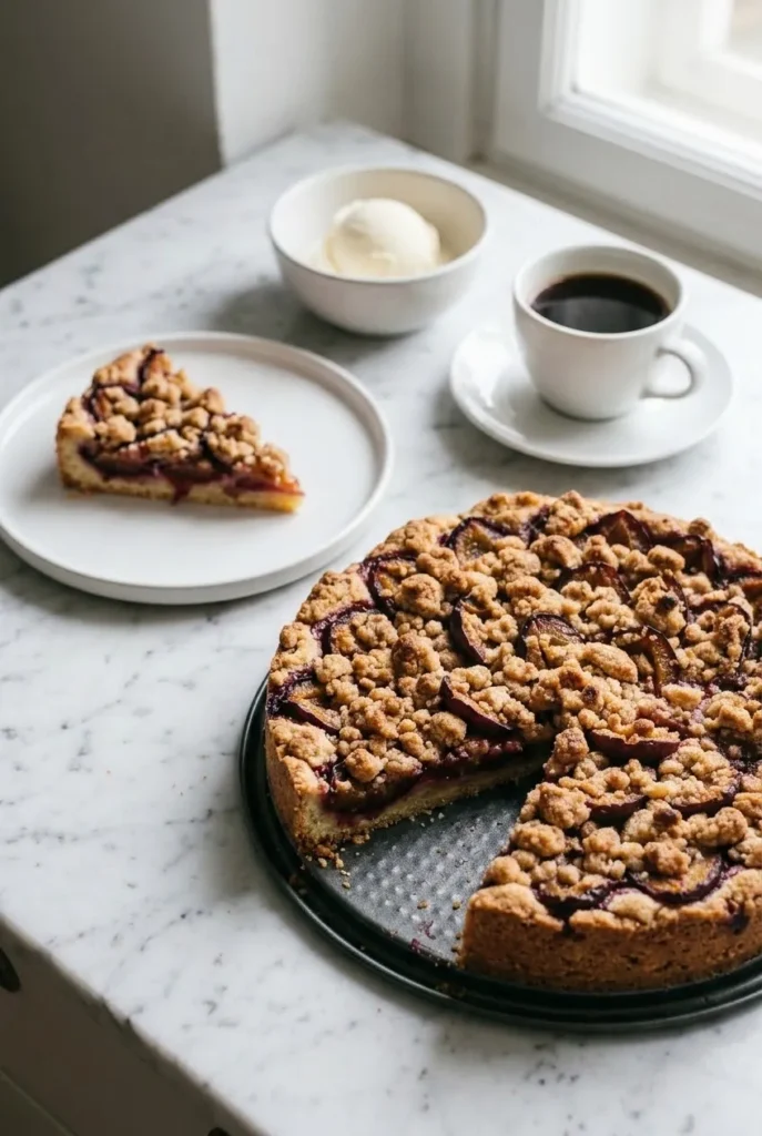 Zwetschgendatschi mit Streusel und Mürbeteig serviert mit Kaffee, Sahne oder Vanilleeis