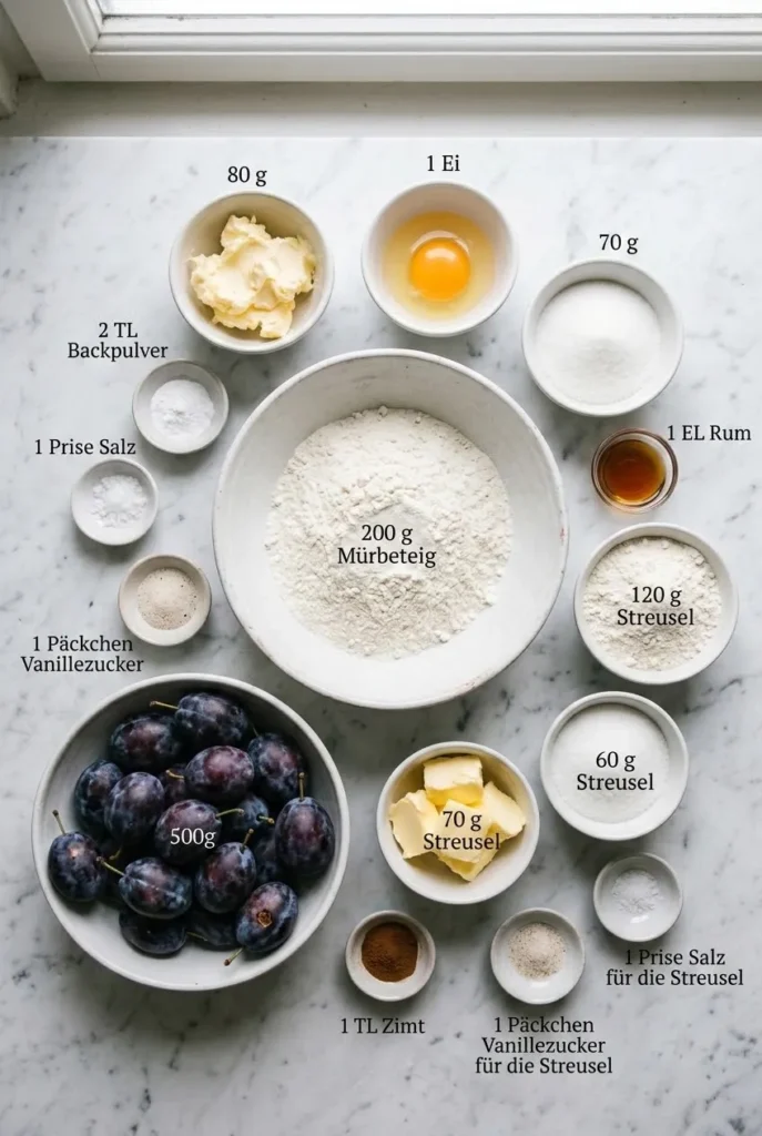 Zutaten für Zwetschgendatschi mit Streusel und Mürbeteig: Mehl, Butter, Zucker, Eier, Zwetschgen und Zimt