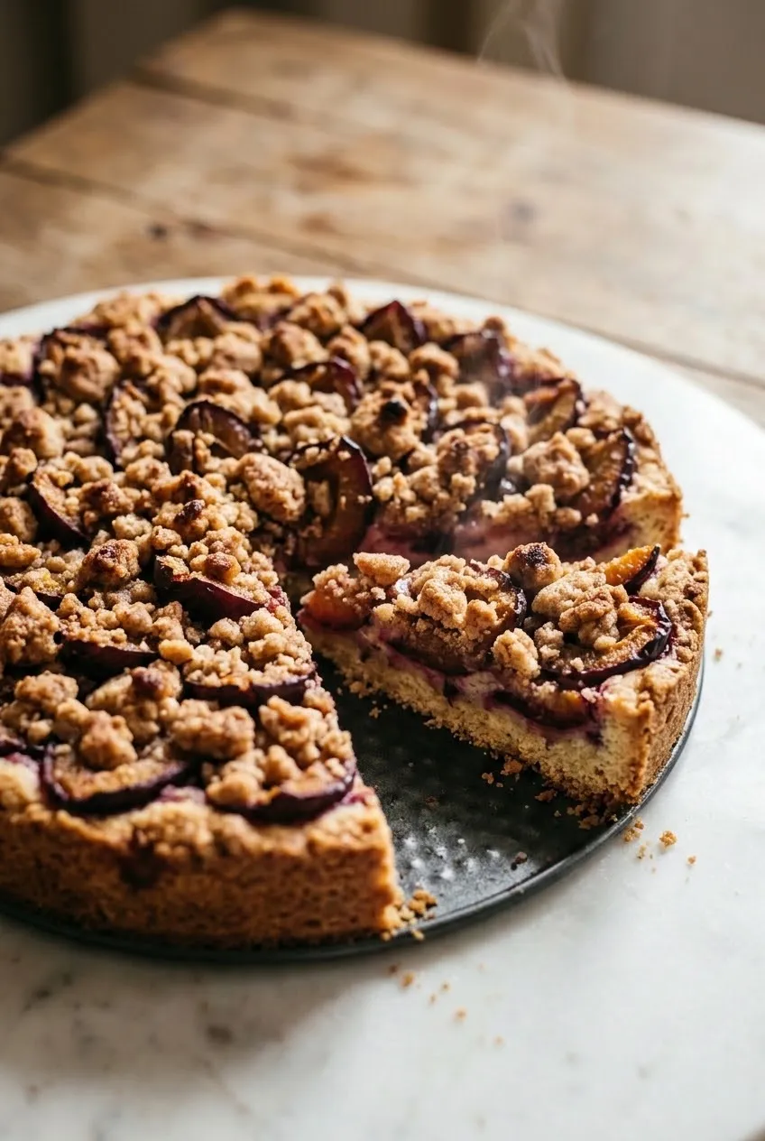 Zwetschgendatschi mit Streusel und Mürbeteig frisch gebacken — goldbraune Streusel und saftige Zwetschgen