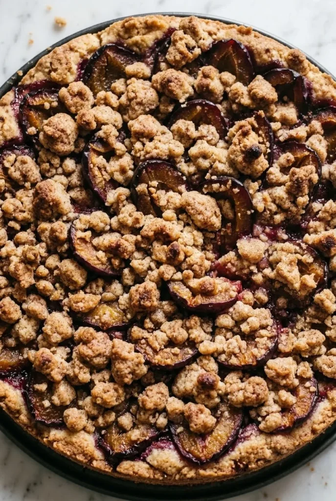 Nahaufnahme von Zwetschgendatschi mit Streusel und Mürbeteig — knusprige Zimtstreusel und saftige Frucht