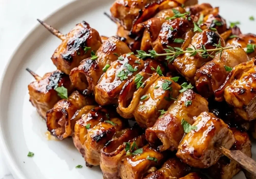 Gegrillte Honig-BBQ-Bacon-Hühnchen-Spieße