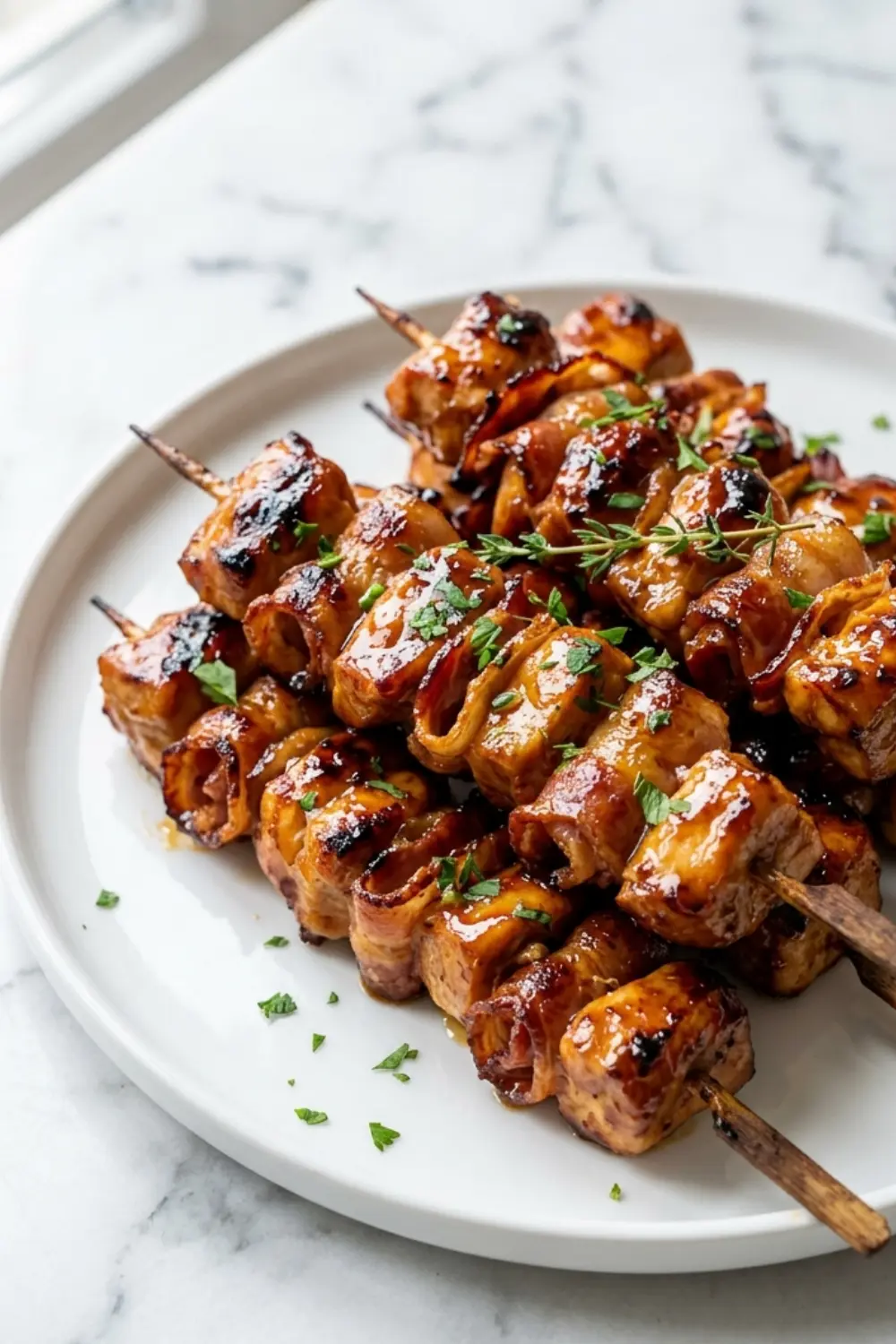 Gegrillte Honig-BBQ-Bacon-Hühnchen-Spieße