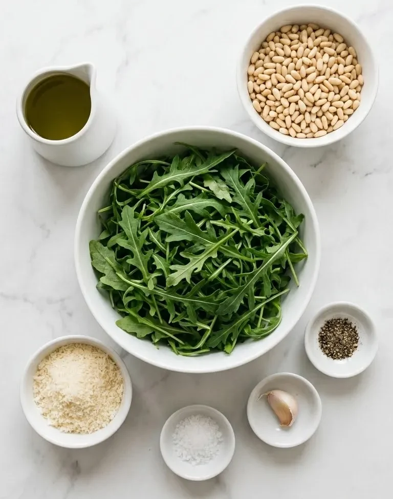 Zutaten für Rucola-Pesto: frischer Rucola, Pinienkerne, Olivenöl, Parmesan und Knoblauch ordentlich aufgereiht