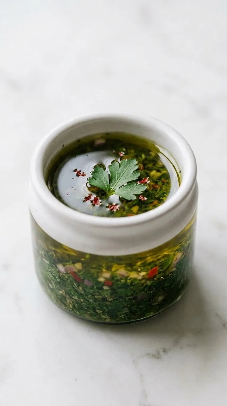 Klassisches Chimichurri frisch zubereitet — würzige, tiefgrüne argentinische Kräutersauce mit gutem Olivenöl im Glas