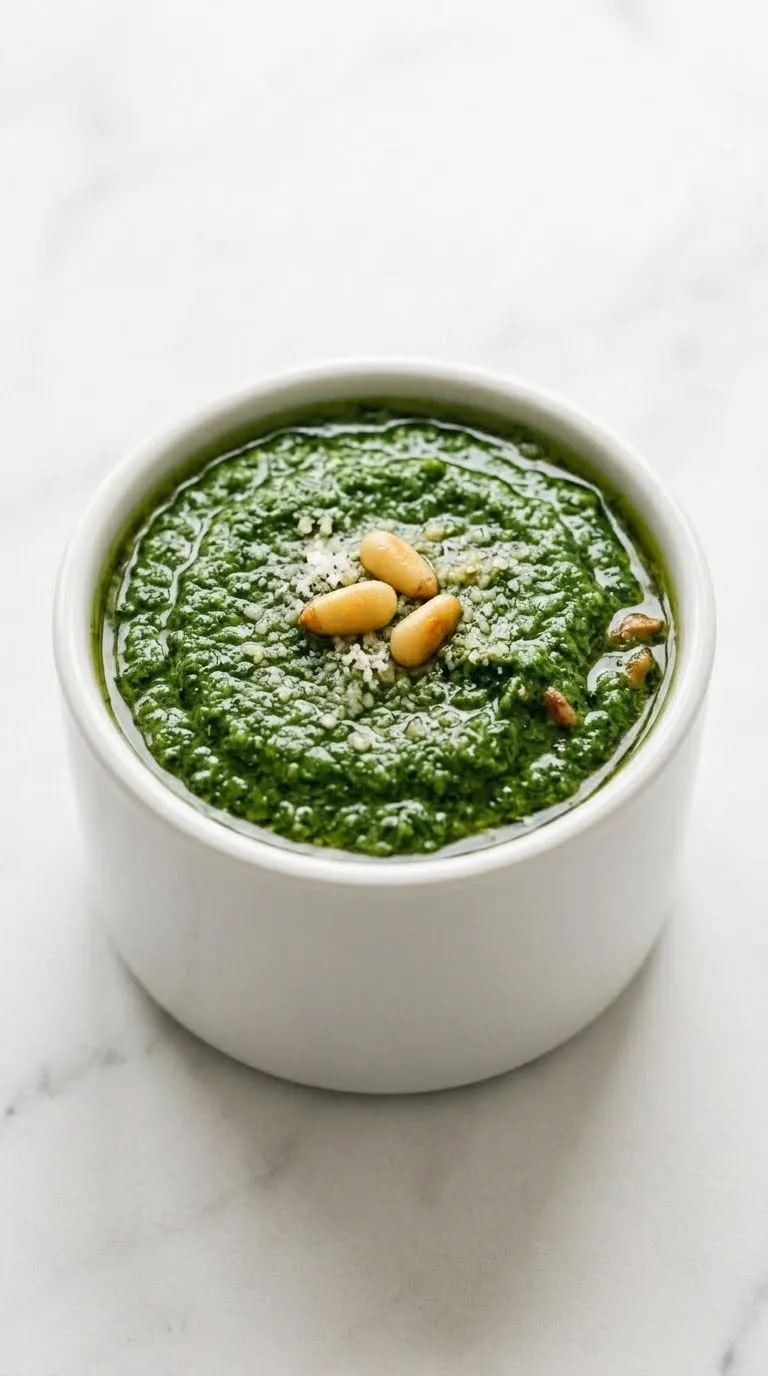 Rucola-Pesto frisch zubereitet — intensiv grünes, selbstgemachtes Pesto mit Pinienkernen und Olivenöl im Glas