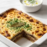Klassische Moussaka serviert mit Tzatziki — appetitlich angerichtetes Stück des geschichteten Auflaufs
