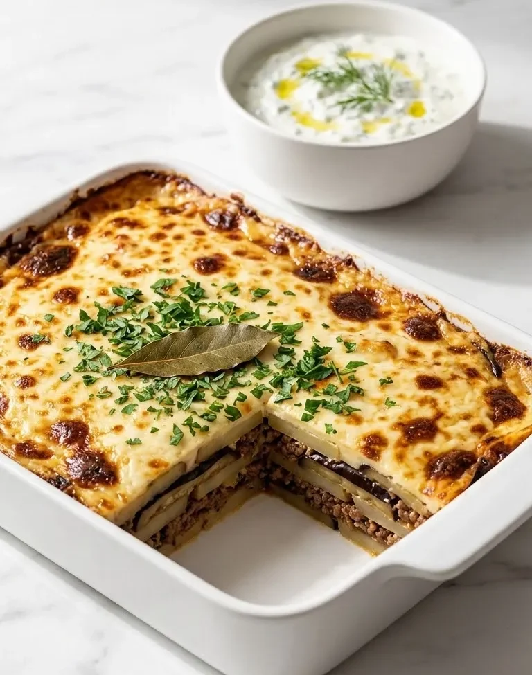 Klassische Moussaka serviert mit Tzatziki — appetitlich angerichtetes Stück des geschichteten Auflaufs