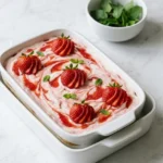 Erdbeertiramisu serviert mit Minze — erfrischende Portion des cremigen Sommerauflaufs formvollendet präsentiert