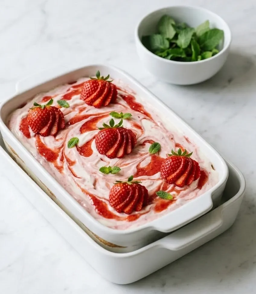 Erdbeertiramisu serviert mit Minze — erfrischende Portion des cremigen Sommerauflaufs formvollendet präsentiert