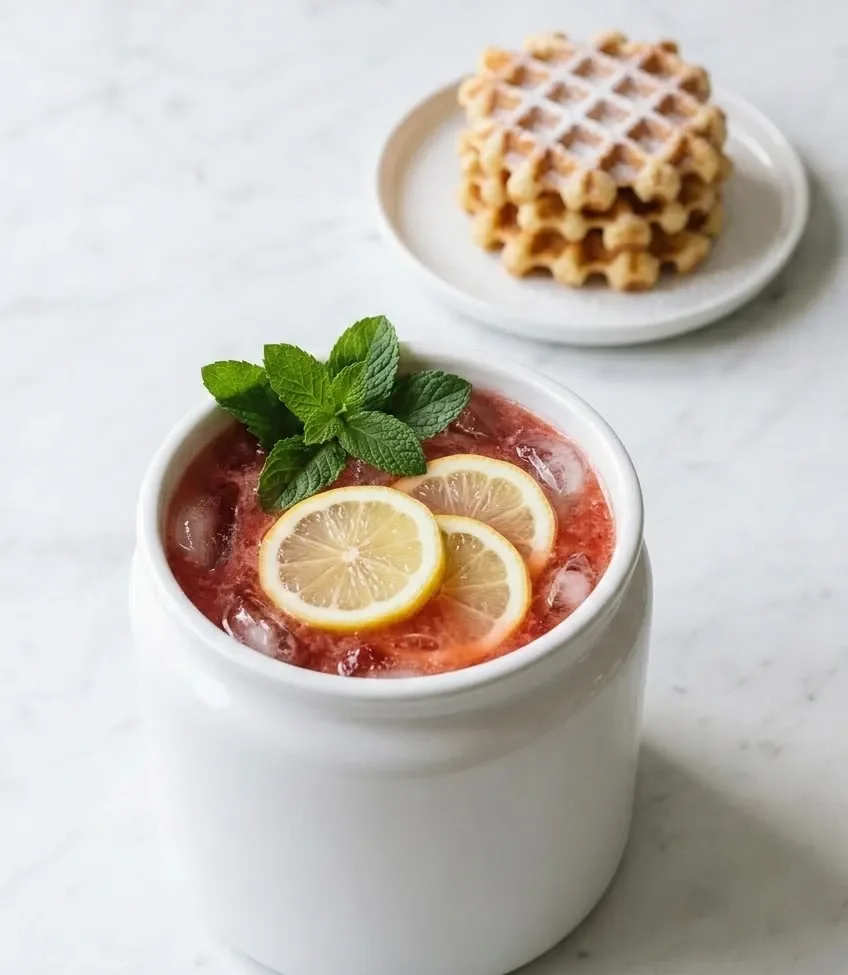 Erdbeer Limonade serviert mit Waffeln — spritziges Sommergetränk stilvoll präsentiert auf weißem Marmor