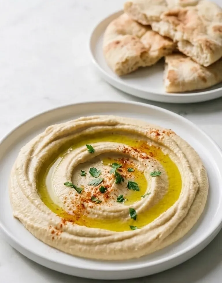 Bestes Hummus Rezept serviert mit Fladenbrot — cremiger Kichererbsen-Dip stilvoll inszeniert auf weißem Marmor
