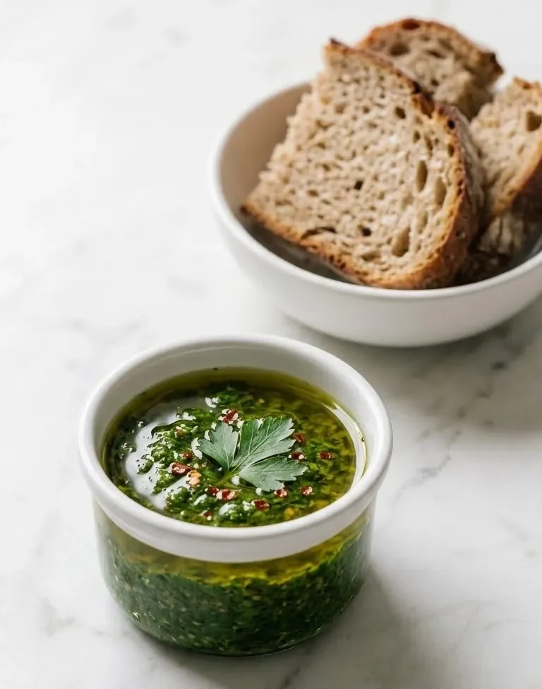 Klassisches Chimichurri serviert mit Bauernbrot — pikante argentinische Kräutersauce stilvoll inszeniert auf weißem Marmor
