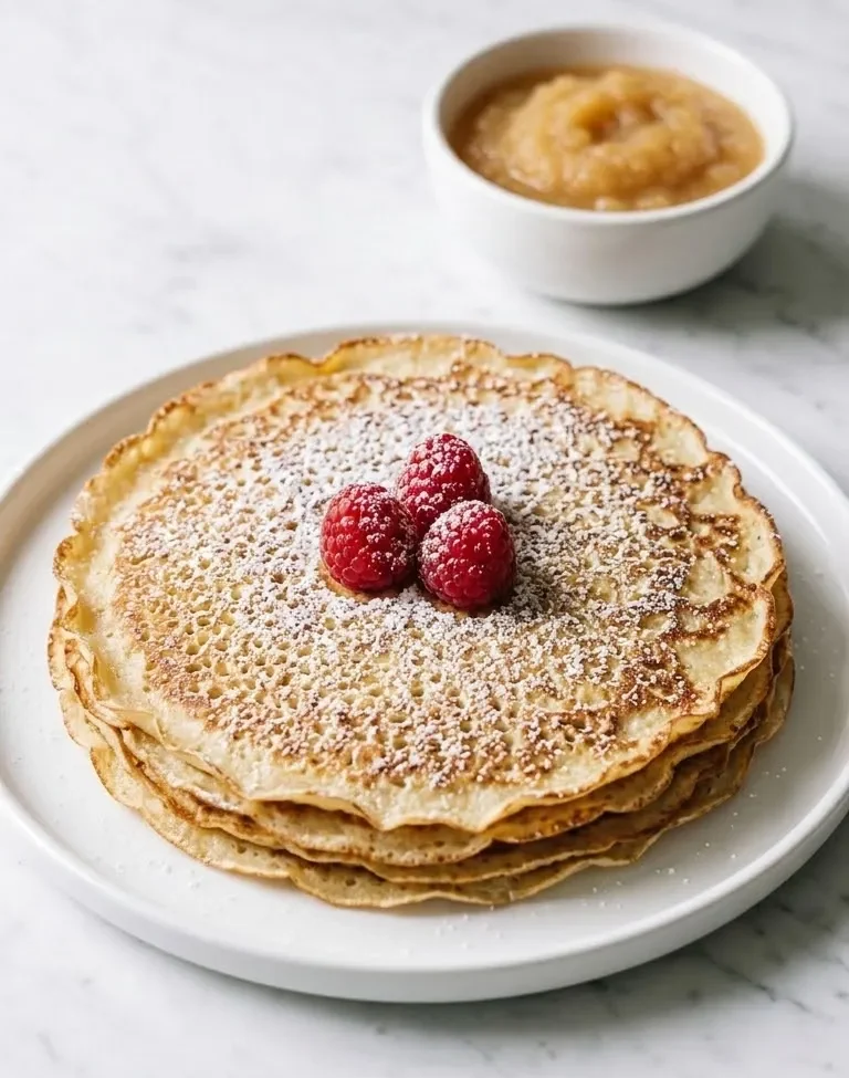 Pfannkuchen serviert mit Apfelmus — klassische Kombination formvollendet auf weißem Porzellan