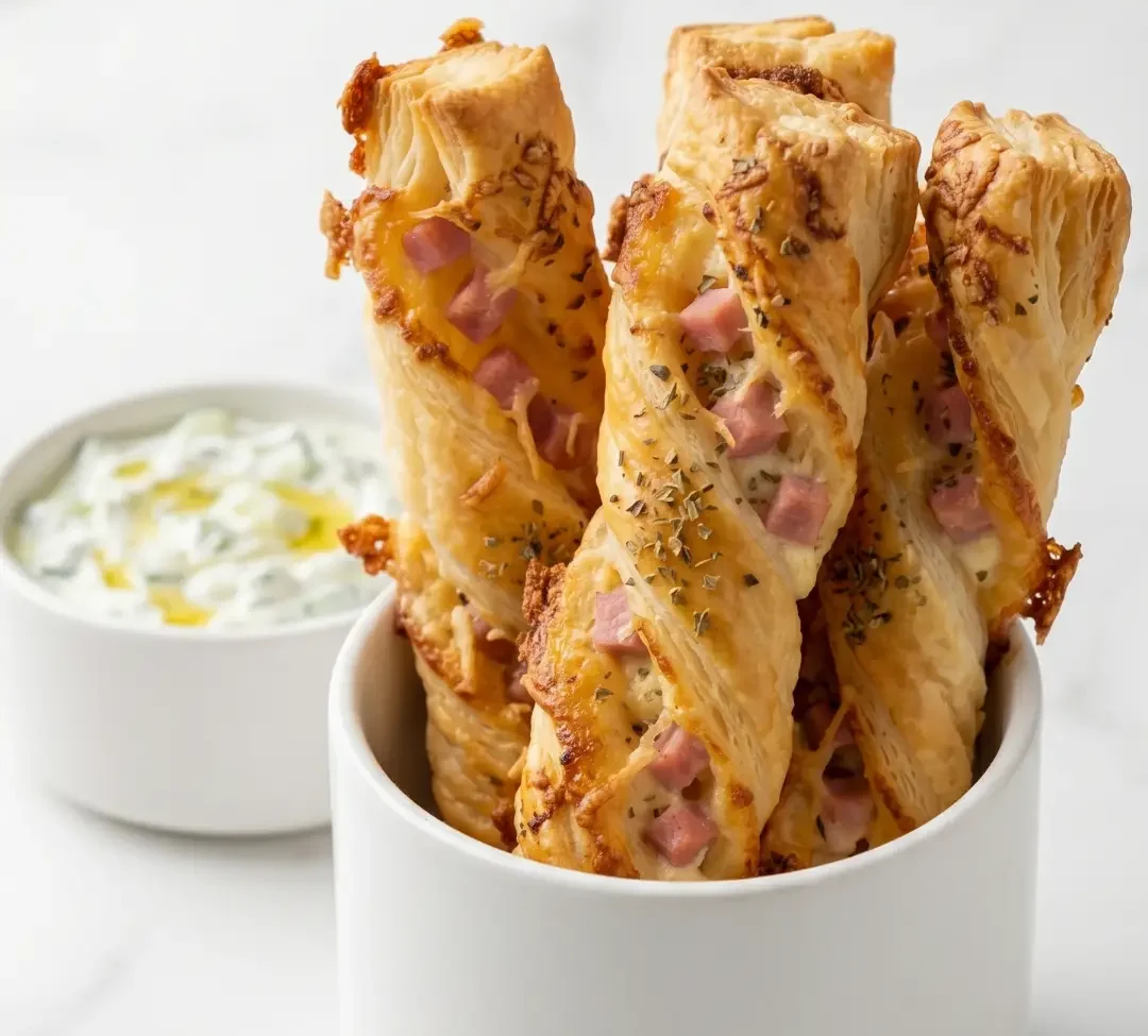 Blätterteig-Schinken-Käse-Stangen serviert mit Tzatziki — krosse Snackstangen perfekt präsentiert neben cremigem Dip