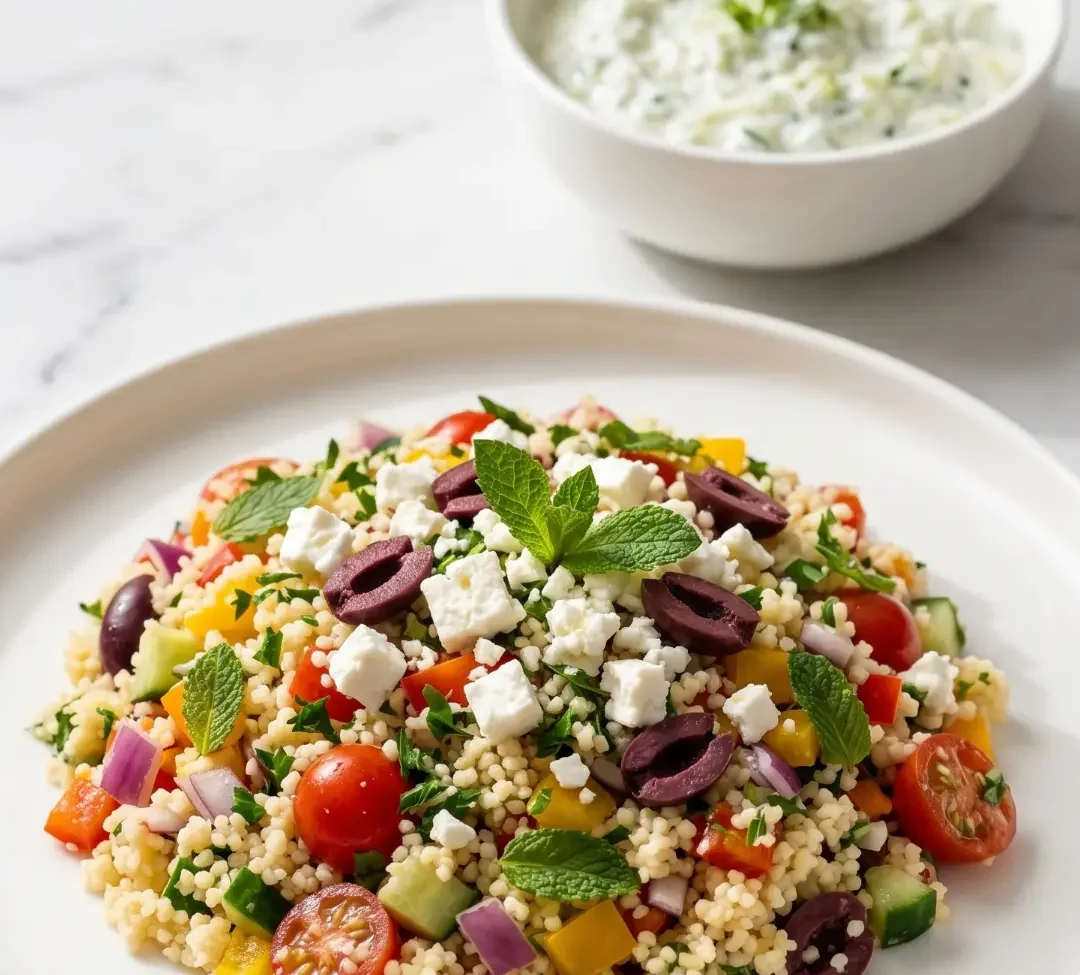 Couscous-Salat mit Feta serviert mit Tzatziki-Dip — sommerliche mediterrane Genussszene
