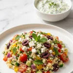 Couscous-Salat mit Feta serviert mit Tzatziki-Dip — sommerliche mediterrane Genussszene