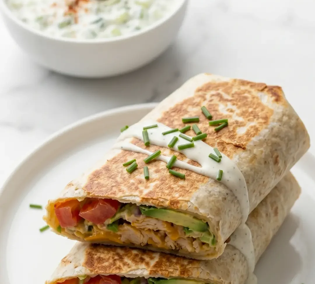 Hähnchen Avocado Ranch Burritos serviert mit Tzatziki — appetitlich halbierte Wraps formvollendet präsentiert